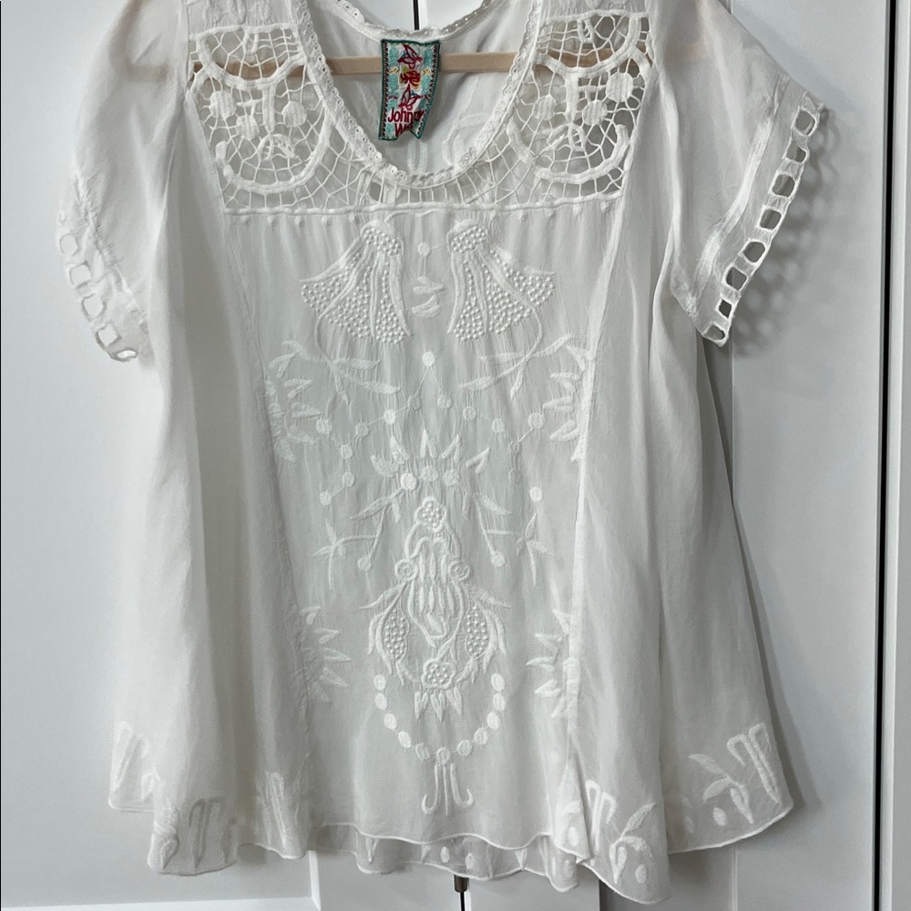 Johnny Was White Embroidered Lace-Yoke Blouse - Picture 4 of 5